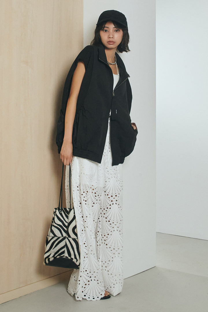 [SET]ショルダー切替スタンドネックジップベスト+レース刺繍リラックスパンツ(2set)