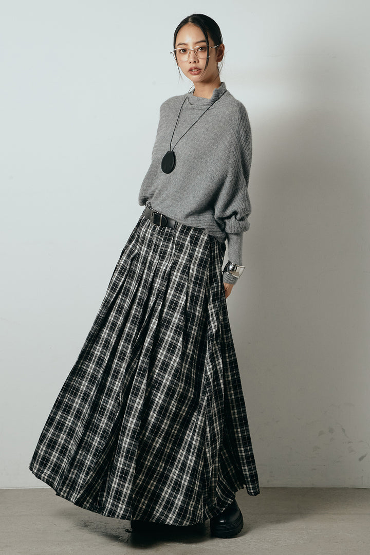 [SET]ポンチョシルエット透かしニットトップス+ベルト付きタータンチェックプリーツスカート(2set)
