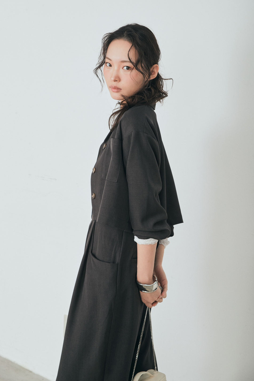 [SET]バックジップデザインショートツイルジャケット+キャミロングオールインワン(2set)