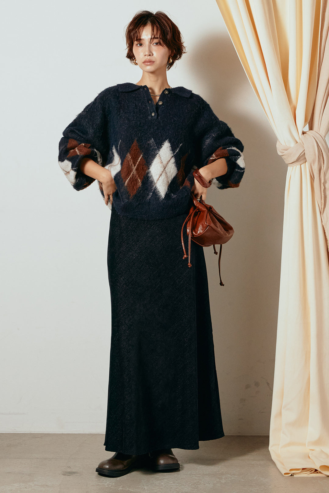 [SET]アーガイル柄ポロニットトップス+スウェードライクロングスカート(2set)