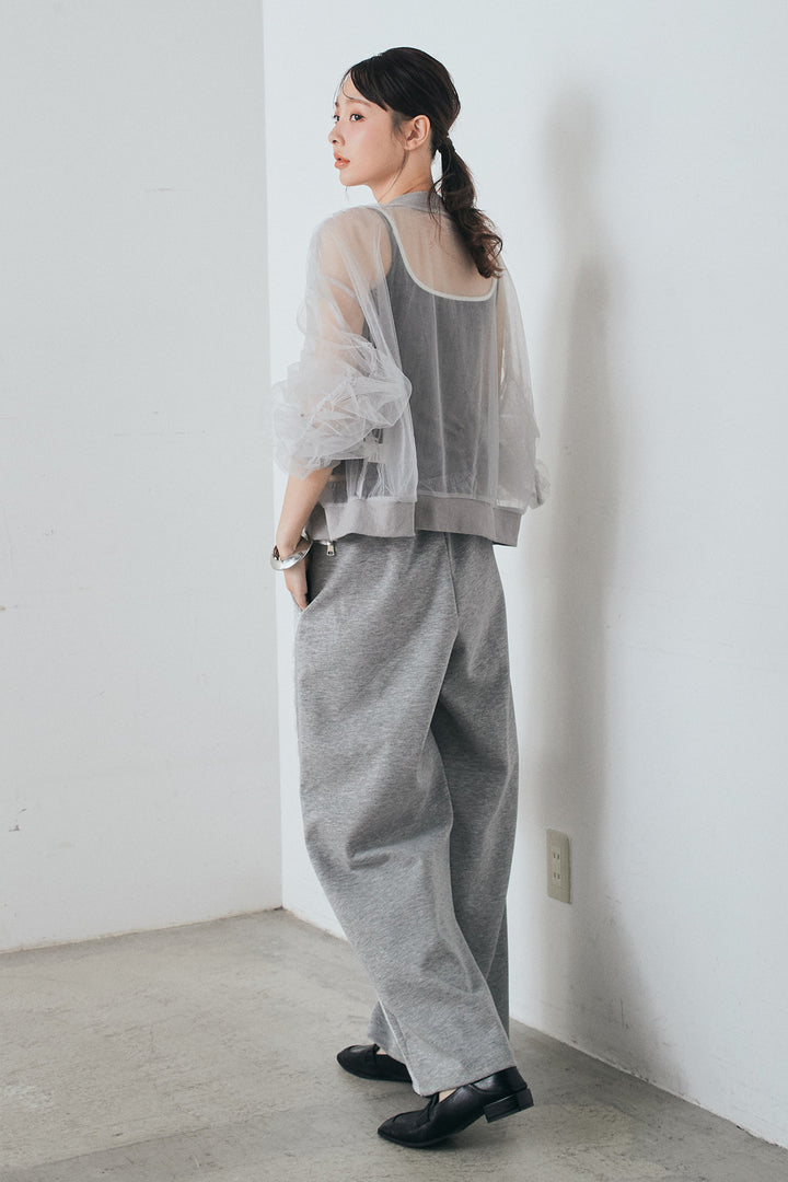 [SET]エアリーチュールスリーブシアーブルゾン+Wフェイスカットソーサイドレースラインパンツ(2set)