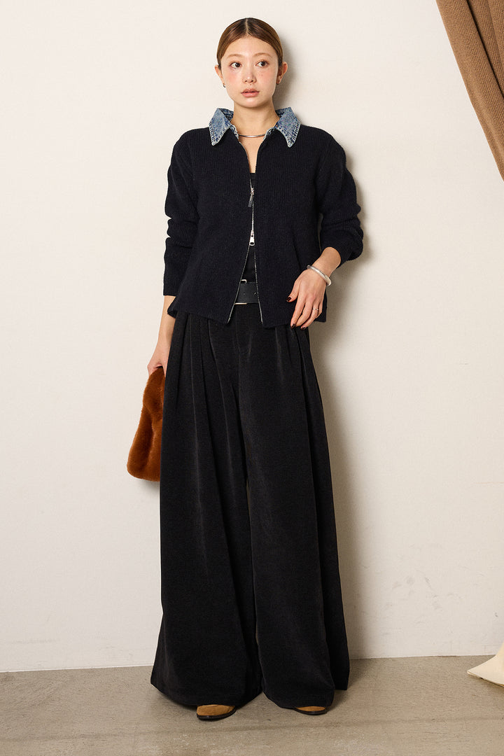 [SET]デニム襟ダブルジップニットトップス+ベルトループコーデュロイワイドパンツ(2set)