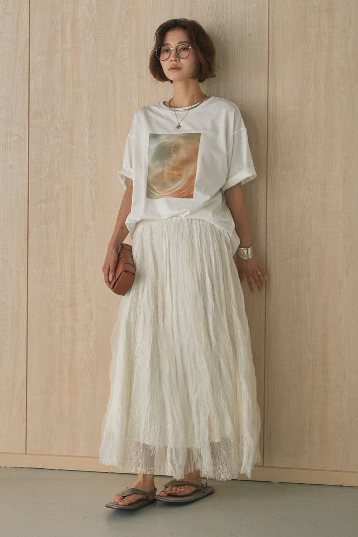 [SET]MarbleプリントTシャツ+レースコンビワッシャーギャザースカート(2set)