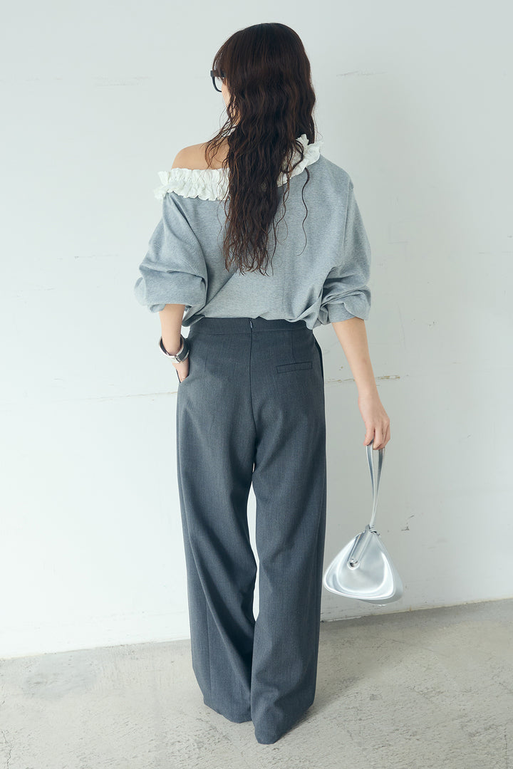 [SET]ネックギャザーフリルスウェット+サイドベルトタック入りスラックス(2set)