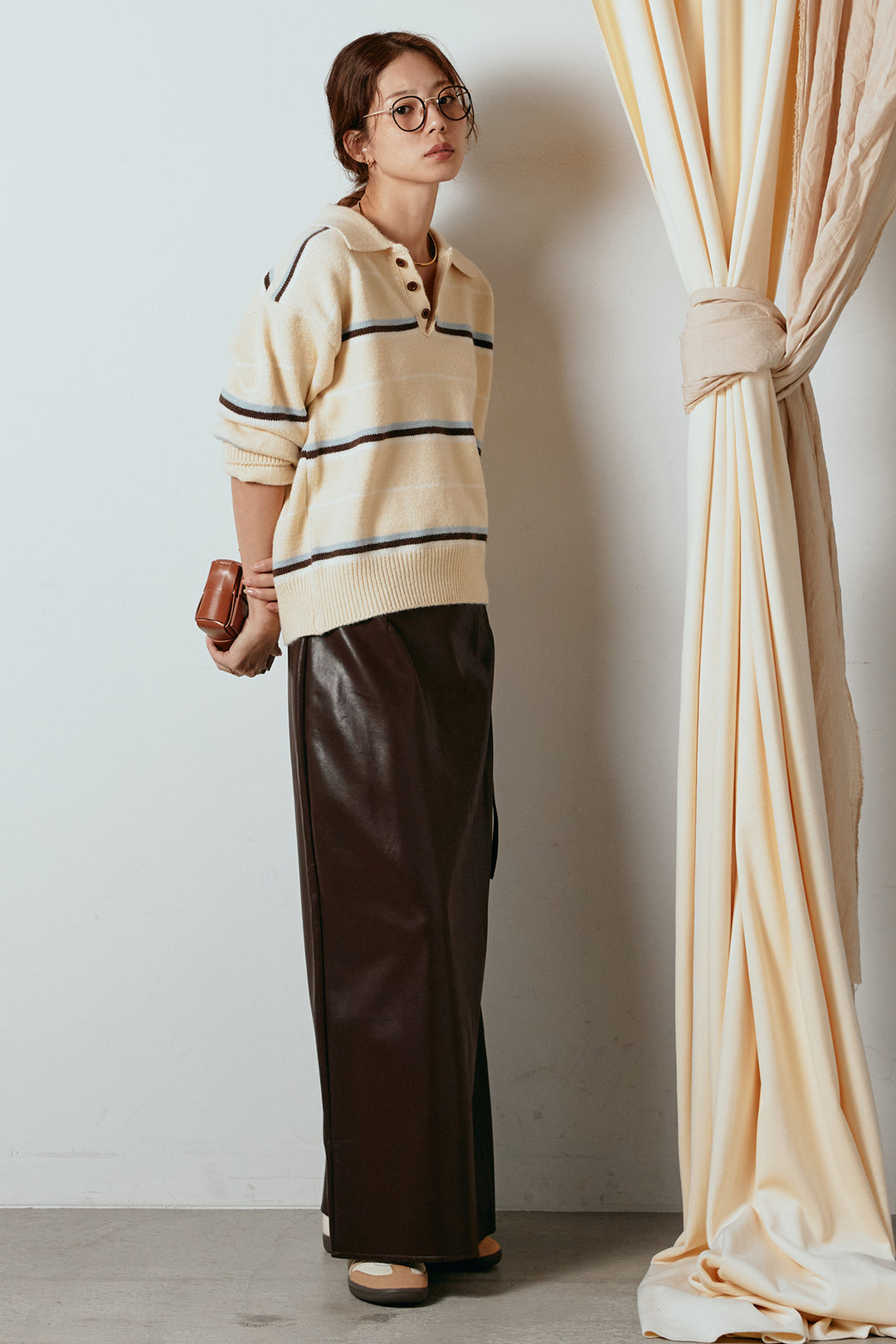 [SET]襟付きマルチボーダーニットポロトップス+紐付きフェイクレザーワイドスカート(2set)