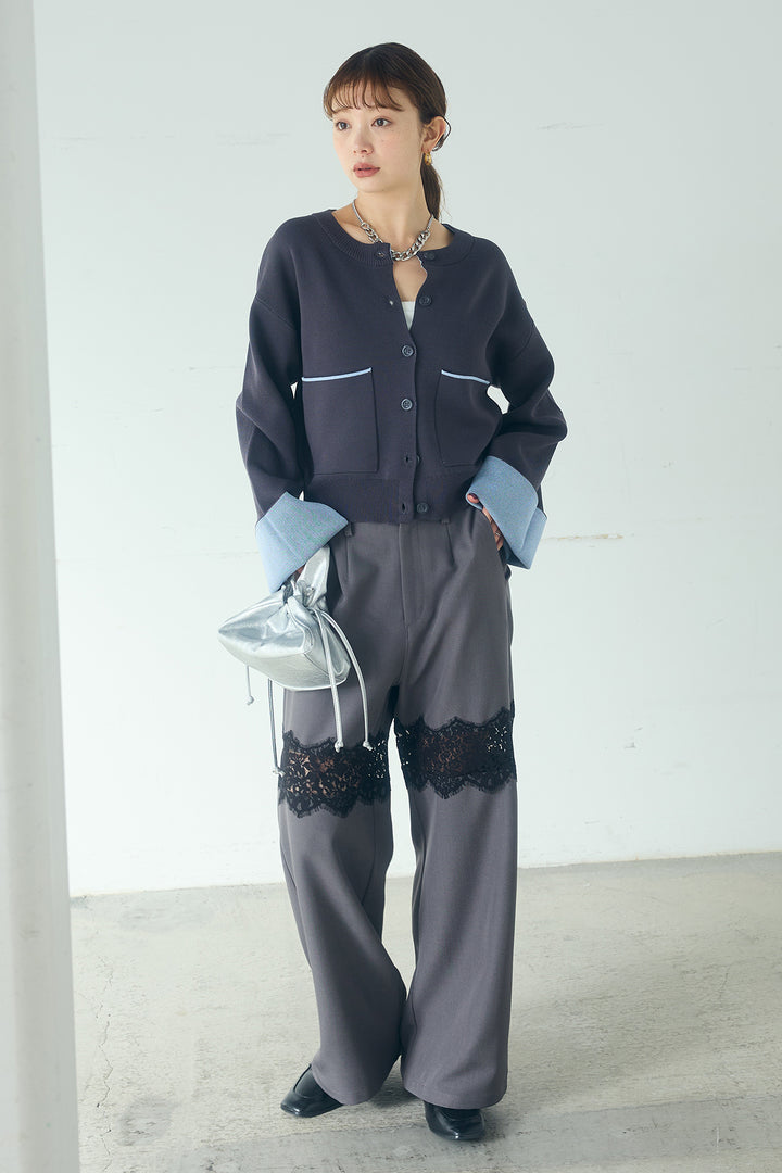 [SET]レーヨンポリダブルフェイスカーディガン+レース刺繍切替ワイドパンツ(2set)
