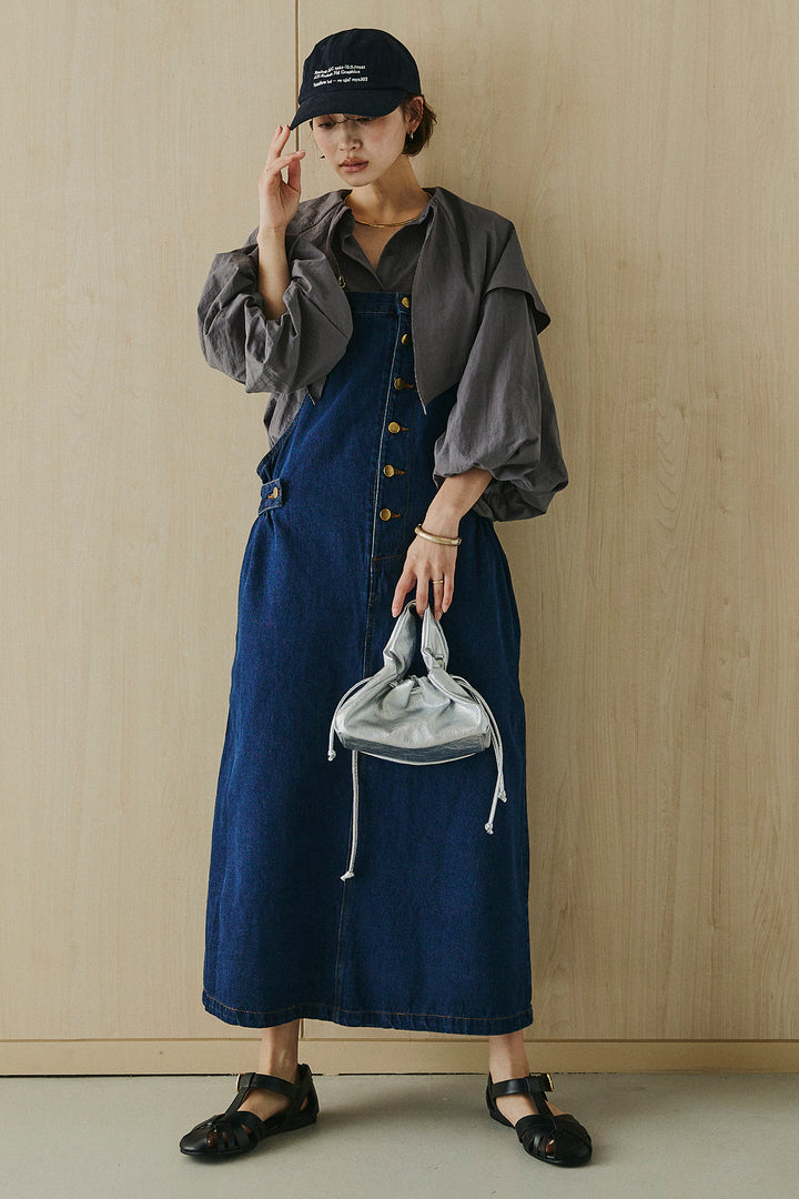 [SET]ケープカラーナイロンブラウス+配色ショルダーデニムサロペットスカート(2set)