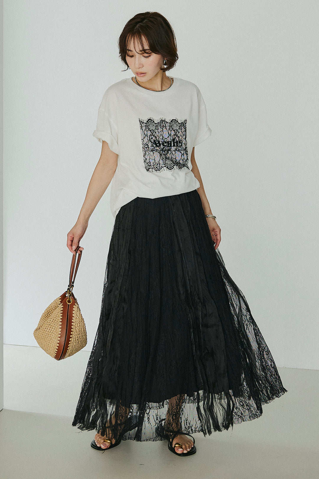 [SET]レースロゴ刺繍Tシャツ+レースコンビワッシャーギャザースカート(2set)