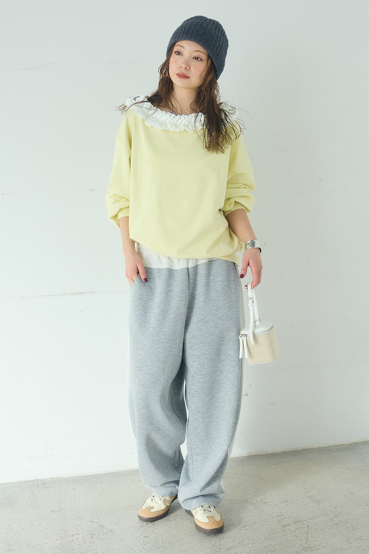 [SET]ネックギャザーフリルスウェット+異素材切り替えスウェットパンツ(2set)