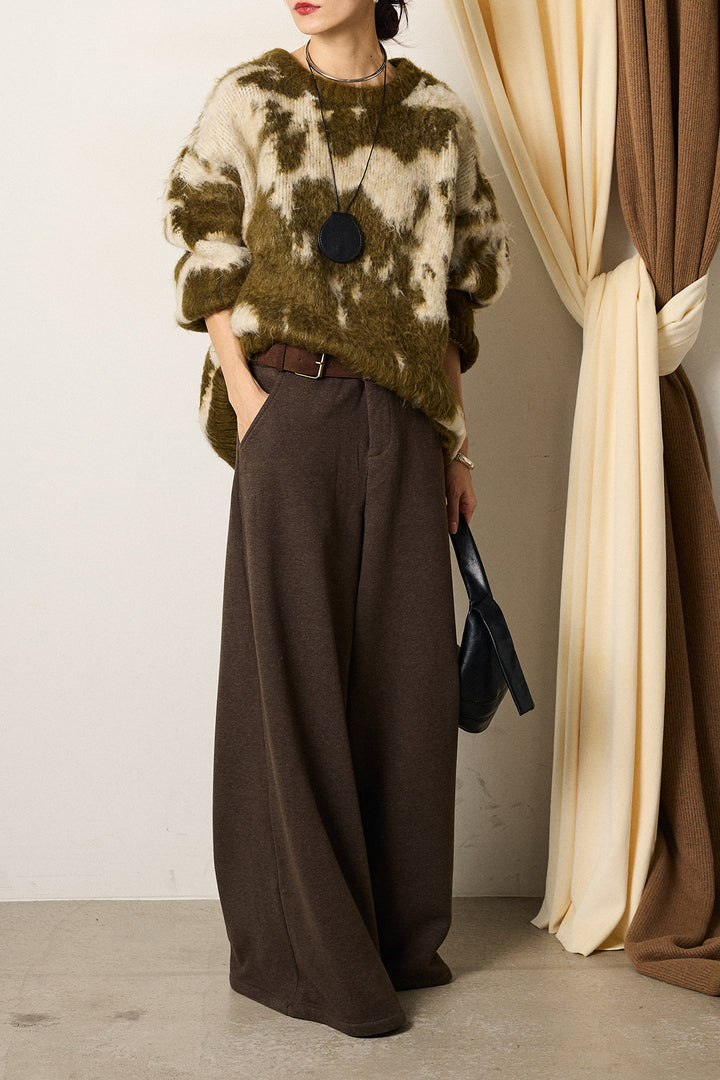 [SET]モヘアタッチマーブルニット+サイドベルトパンツ(2set)