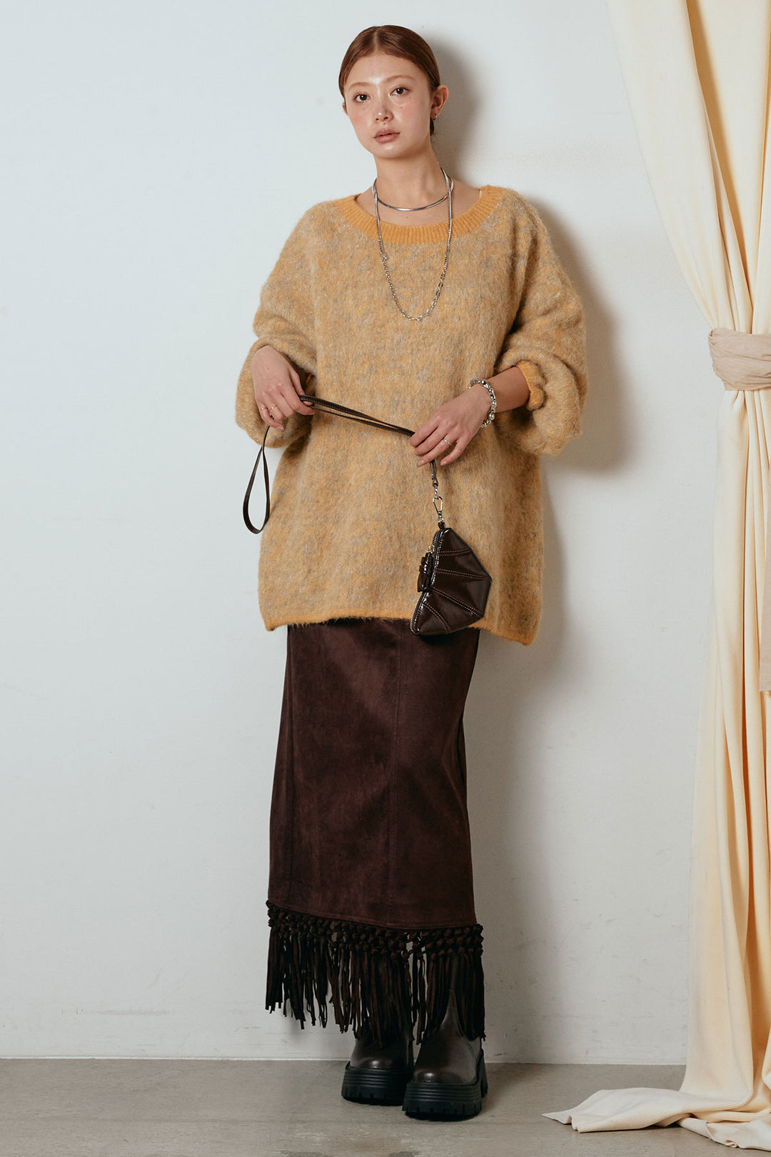 [SET]ボリュームスリーブミックスニットトップス+スウェードライク裾フリンジスカート(2set)