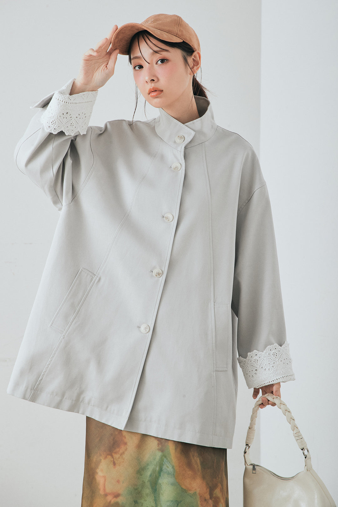 [SET]袖折り返しレースデザインアウター+ニュアンス柄サテンスカート(2set)