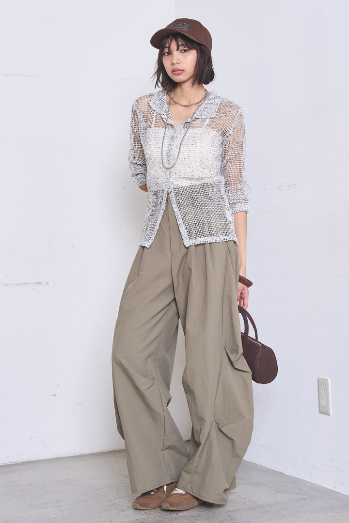 [SET]ネップメッシュポロ襟カーディガン+ドライタフタタックバレルパンツ(2set)