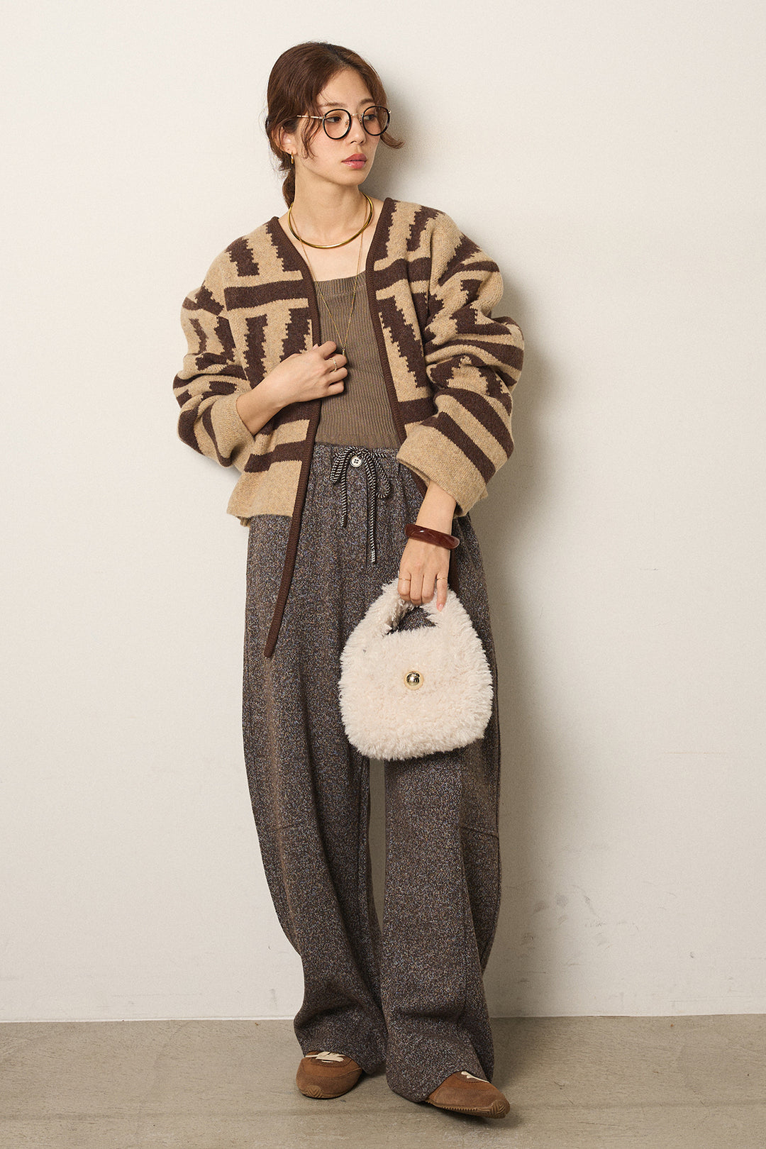[SET]幾何学柄ノーカラーカーディガン+杢ニットフレアパンツ(2set)