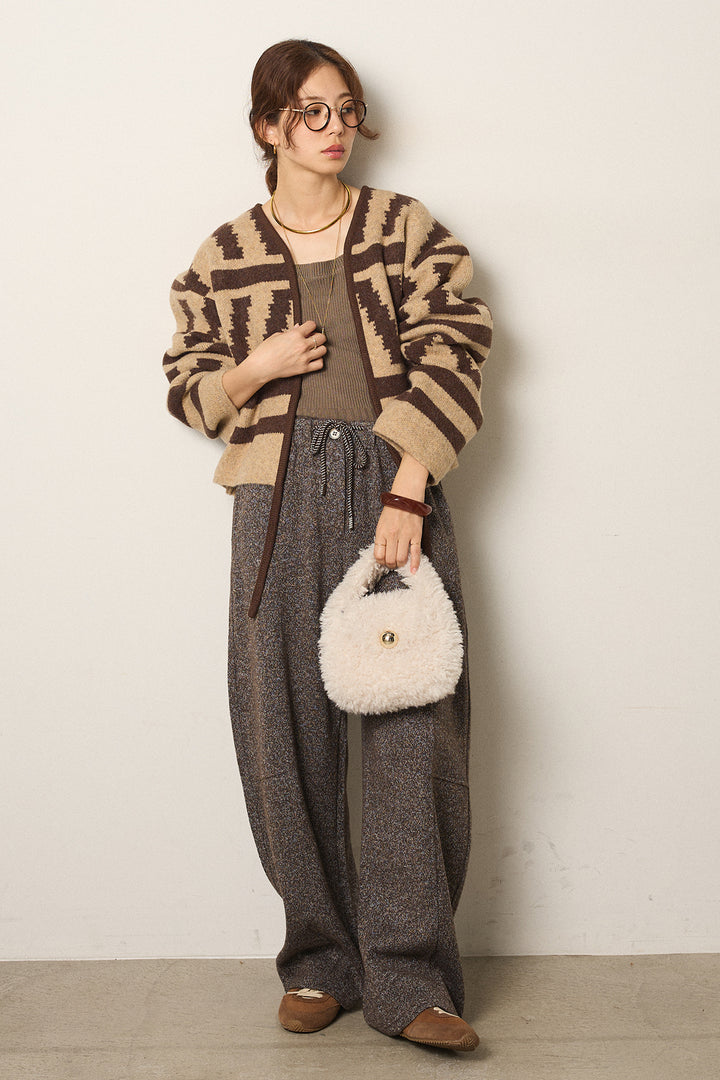 [SET]幾何学柄ノーカラーカーディガン+杢ニットフレアパンツ(2set)