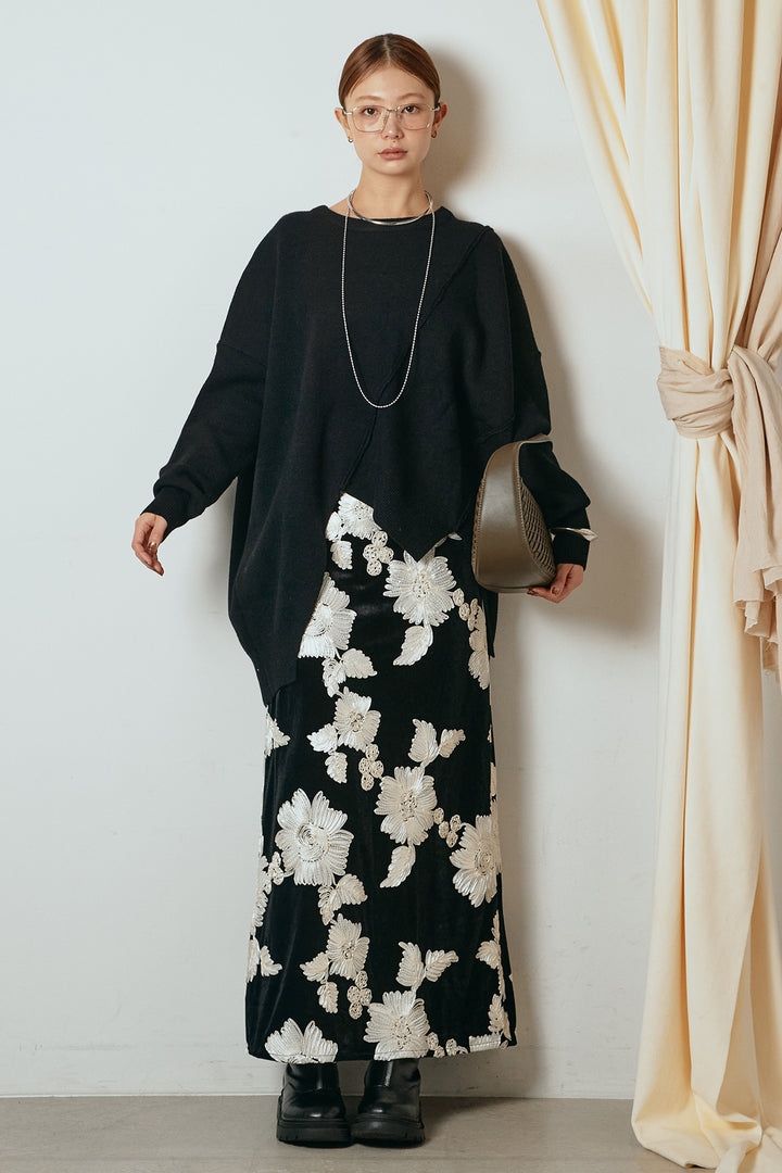 [SET]アシンメトリーデザインニットトップス+フラワー刺繍ワイドスカート(2set)