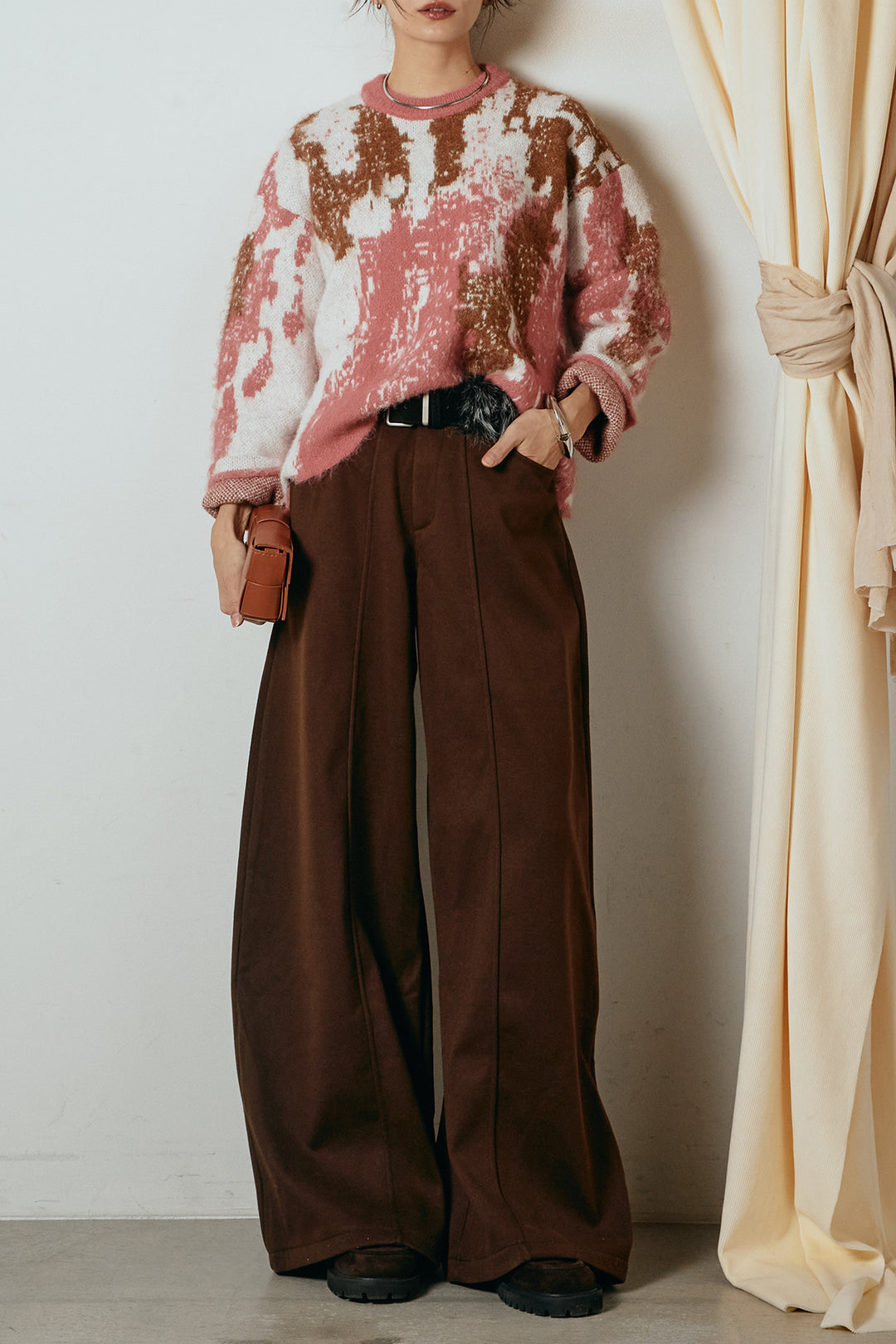 [SET]起毛ニュアンス柄ニットプルオーバー+ファーベルト付きワイドパンツ(2set)