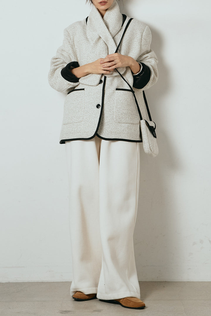 [SET]ノーカラーマフラーバッグ付きアウター+裏起毛スウェットワイドパンツ(2set)