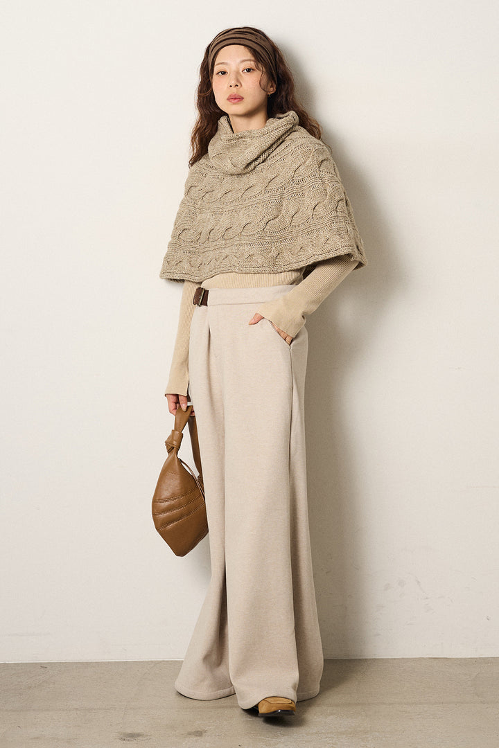 [SET]ケーブル編みケープレイヤードニット+サイドベルトパンツ(2set)