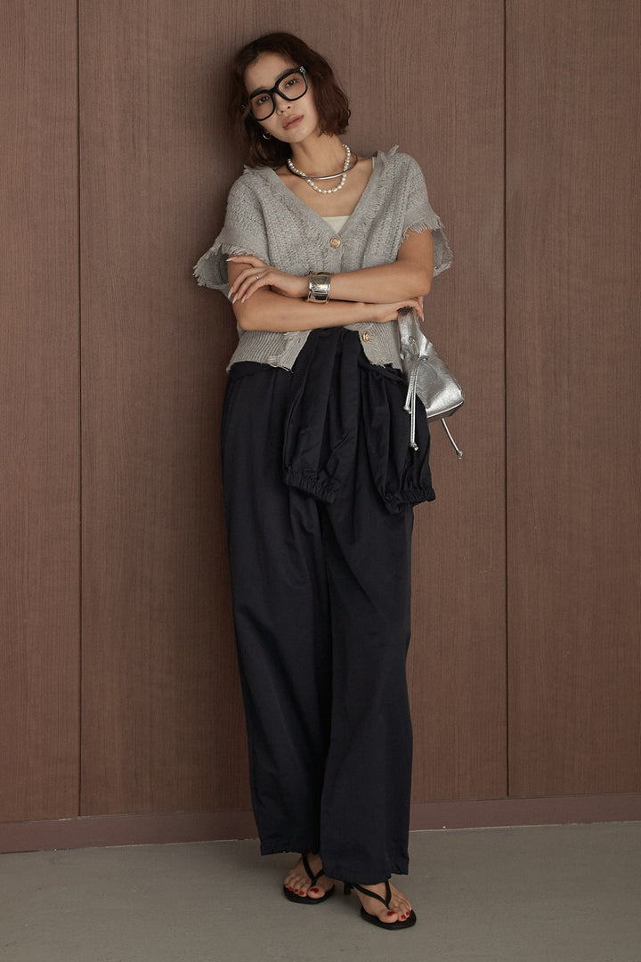 [SET]ツイード編みVネックフリンジニットベスト+合繊維ツイルウエスト巻きジョガーパンツ(2set)
