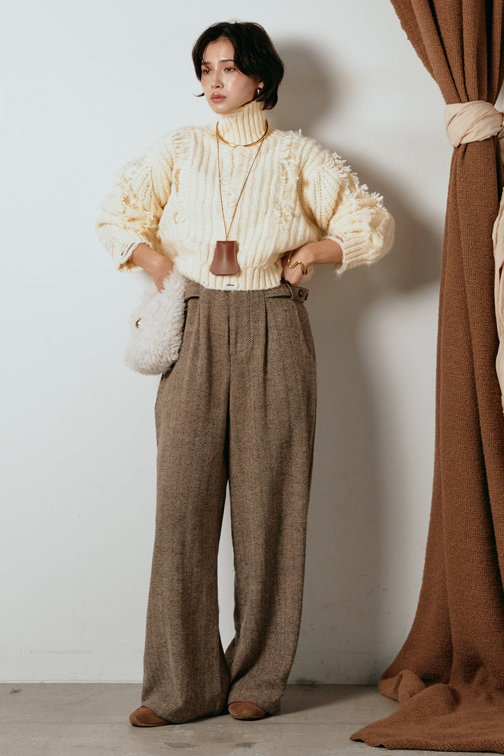 [SET]フリンジタートルショートニット+クラシックヘリンボーンサロペット(2set)