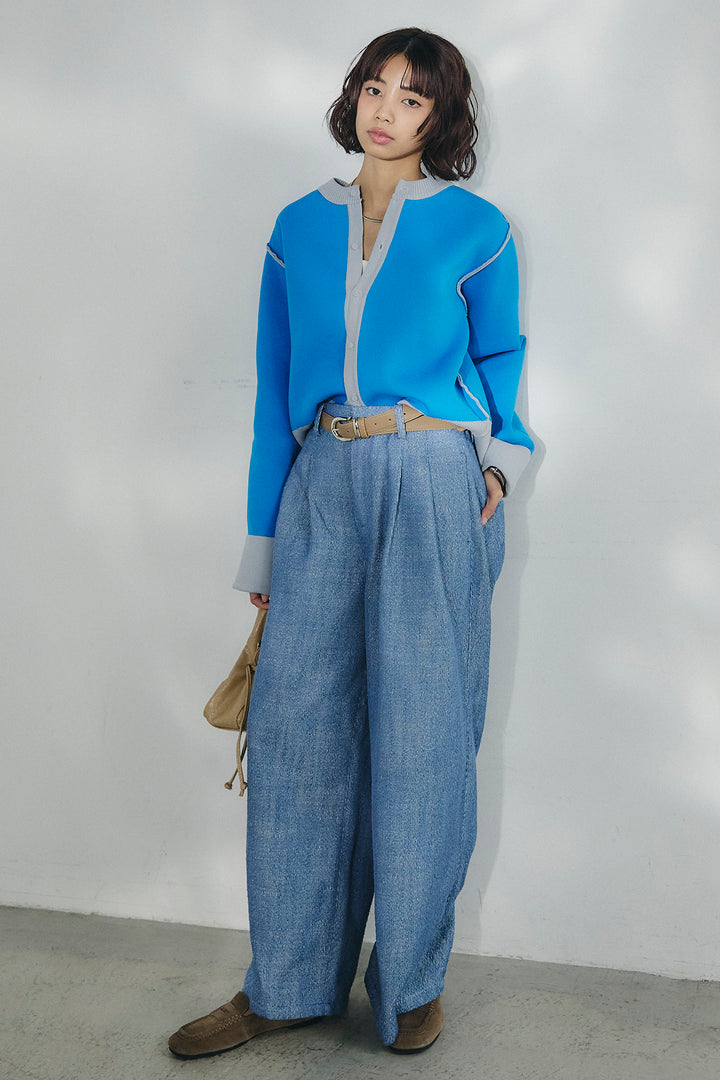 [SET]リバーシブル配色ニットカーディガン+デニムライクヘリンボーンタックパンツ(2set)