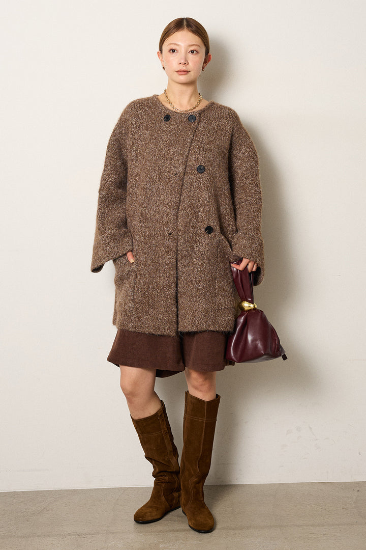 [SET]アシンメトリーボタンニットカーディガン+リラックスコーデュロイハーフパンツ(2set)