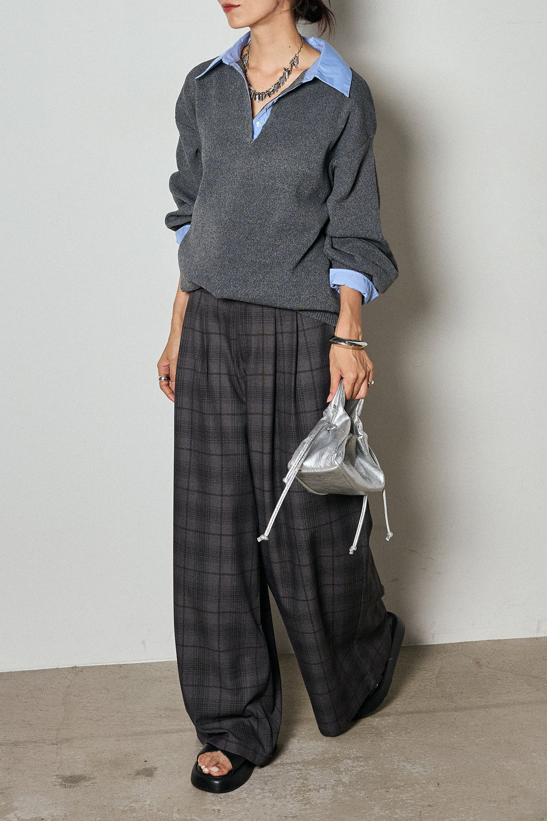 【即納】タック入りタータンチェックワイドパンツ