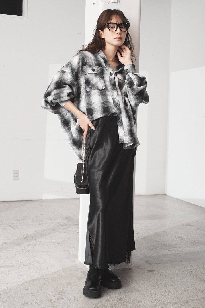 [SET]オンブレーチェックビッグシルエットCPOシャツ+裾レースデザインサテンスカート(2set)
