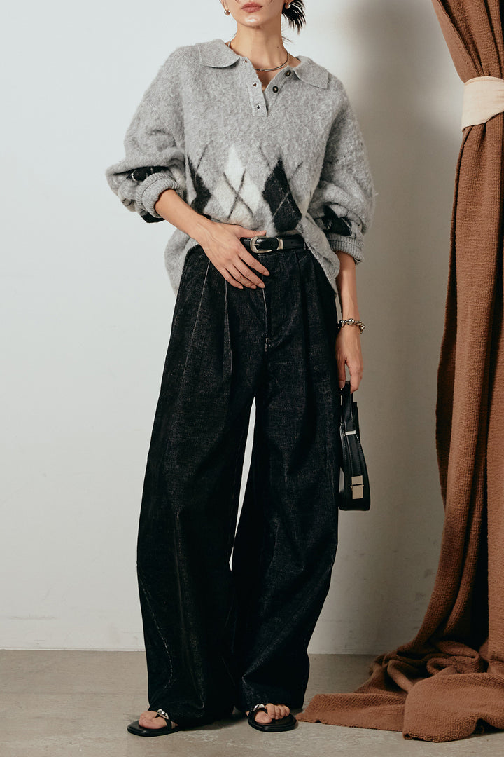 [SET]アーガイル柄ポロニットトップス+フロントタック入りコーデュロイパンツ(2set)