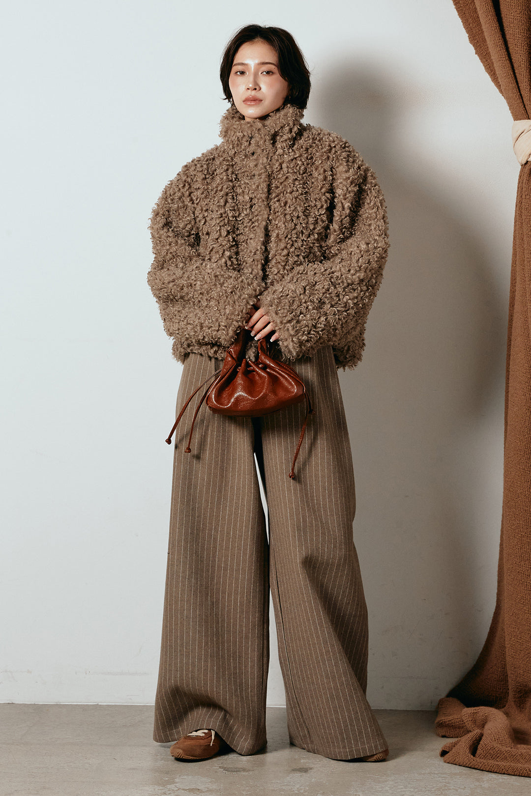 [SET]プードルファーミドルジャケット+ウールライクストライプパンツ(2set)