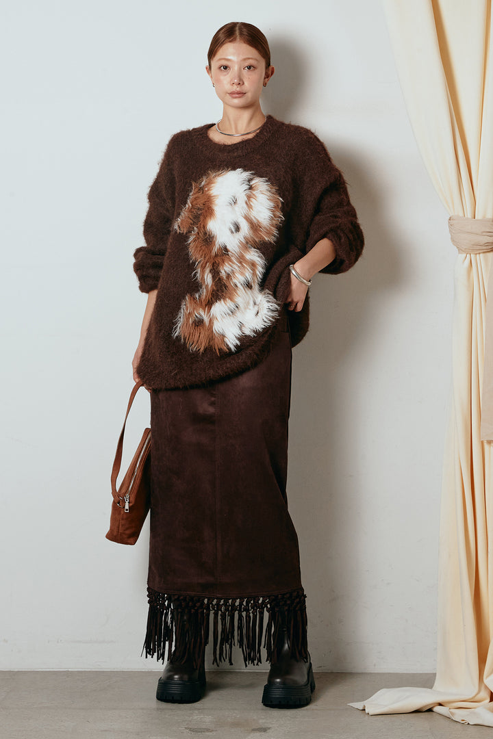 [SET]シャギーニュアンスアニマルニット+スウェードライク裾フリンジスカート(2set)