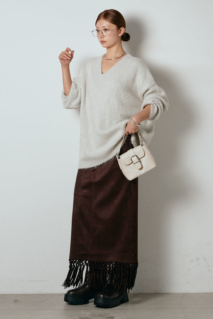 [SET]Vネックルーズラメニットトップス+スウェードライク裾フリンジスカート(2set)