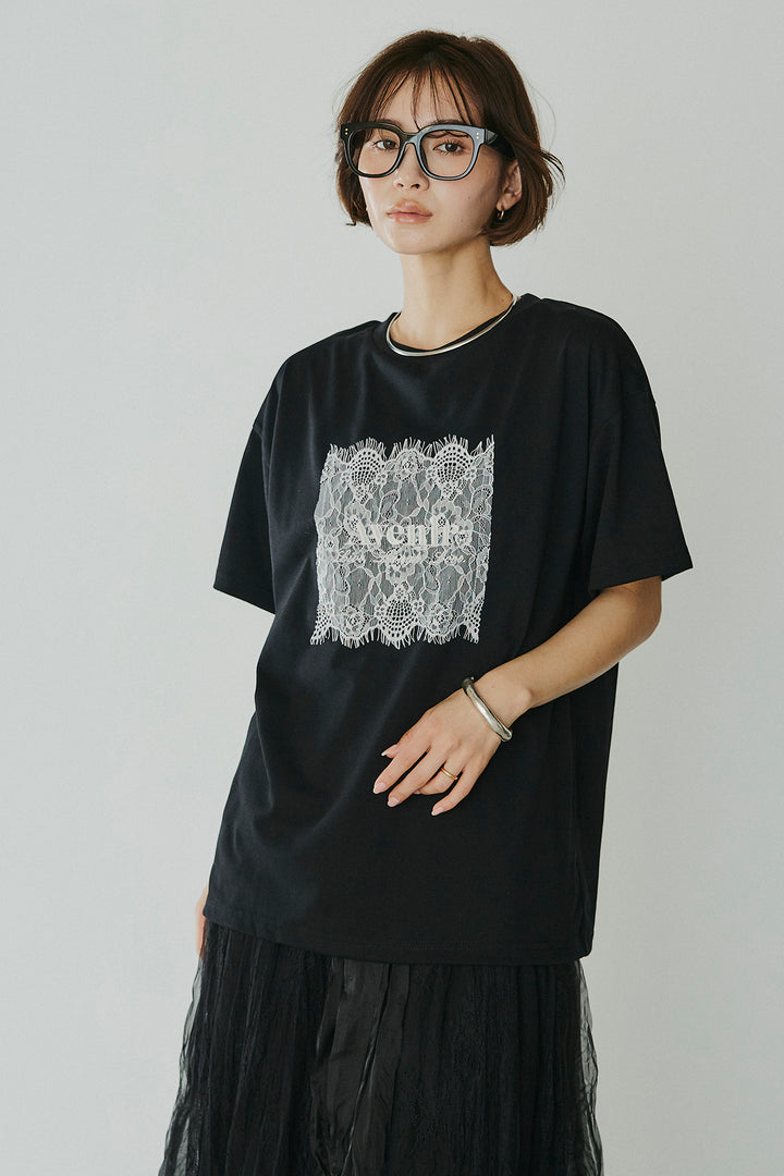 [SET]レースロゴ刺繍Tシャツ+レースコンビワッシャーギャザースカート(2set)