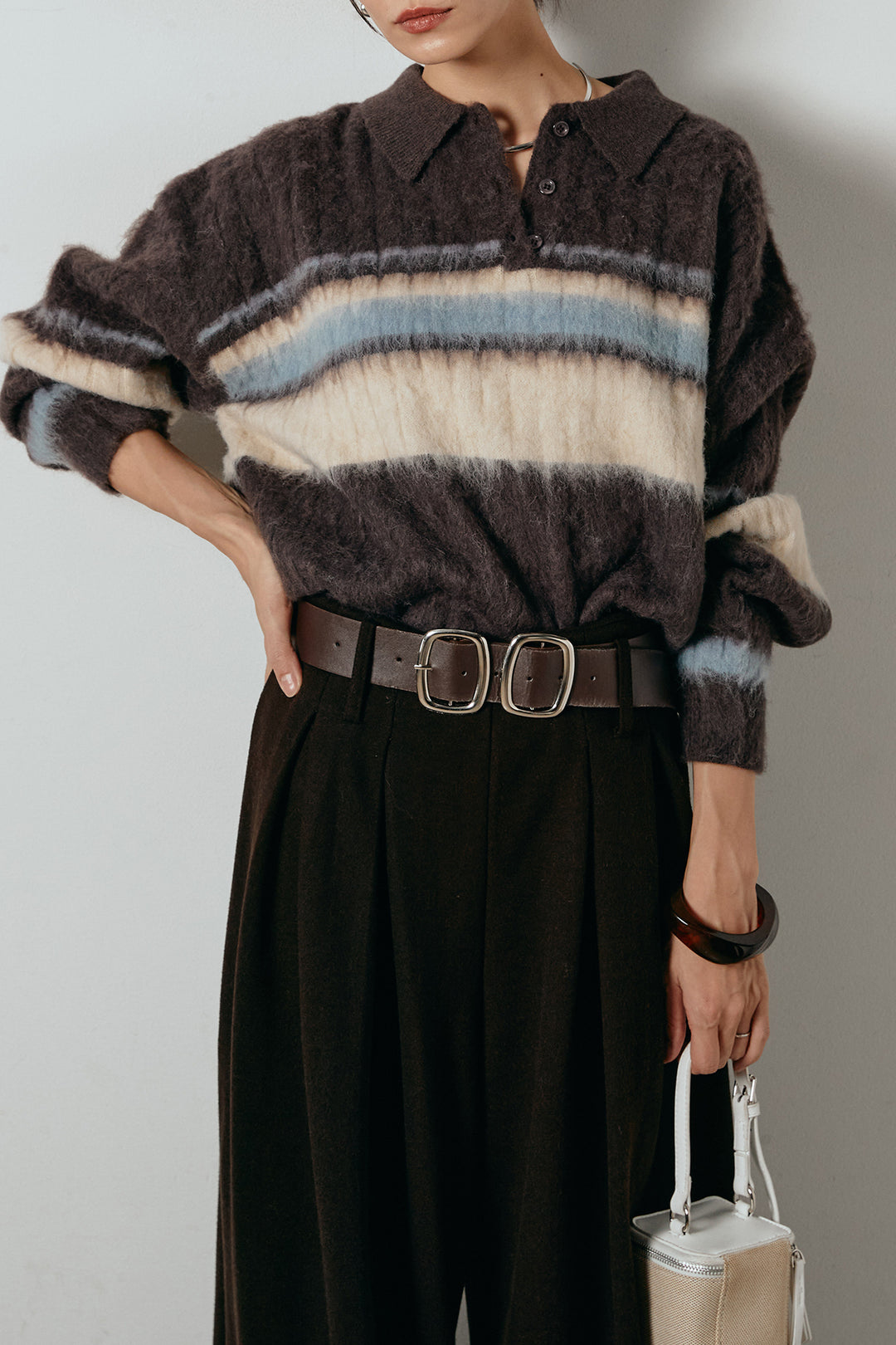 アルパカタッチボーダーポロニット/ブラウン