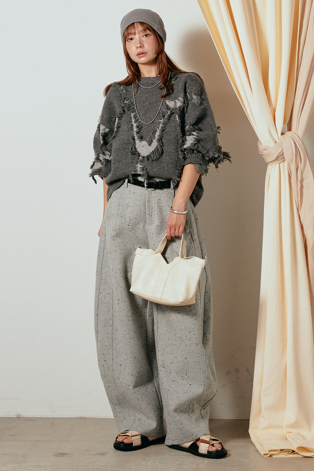 [SET]シャギージャガードニットトップス+ベルト付きネップツイードカーブパンツ(2set)