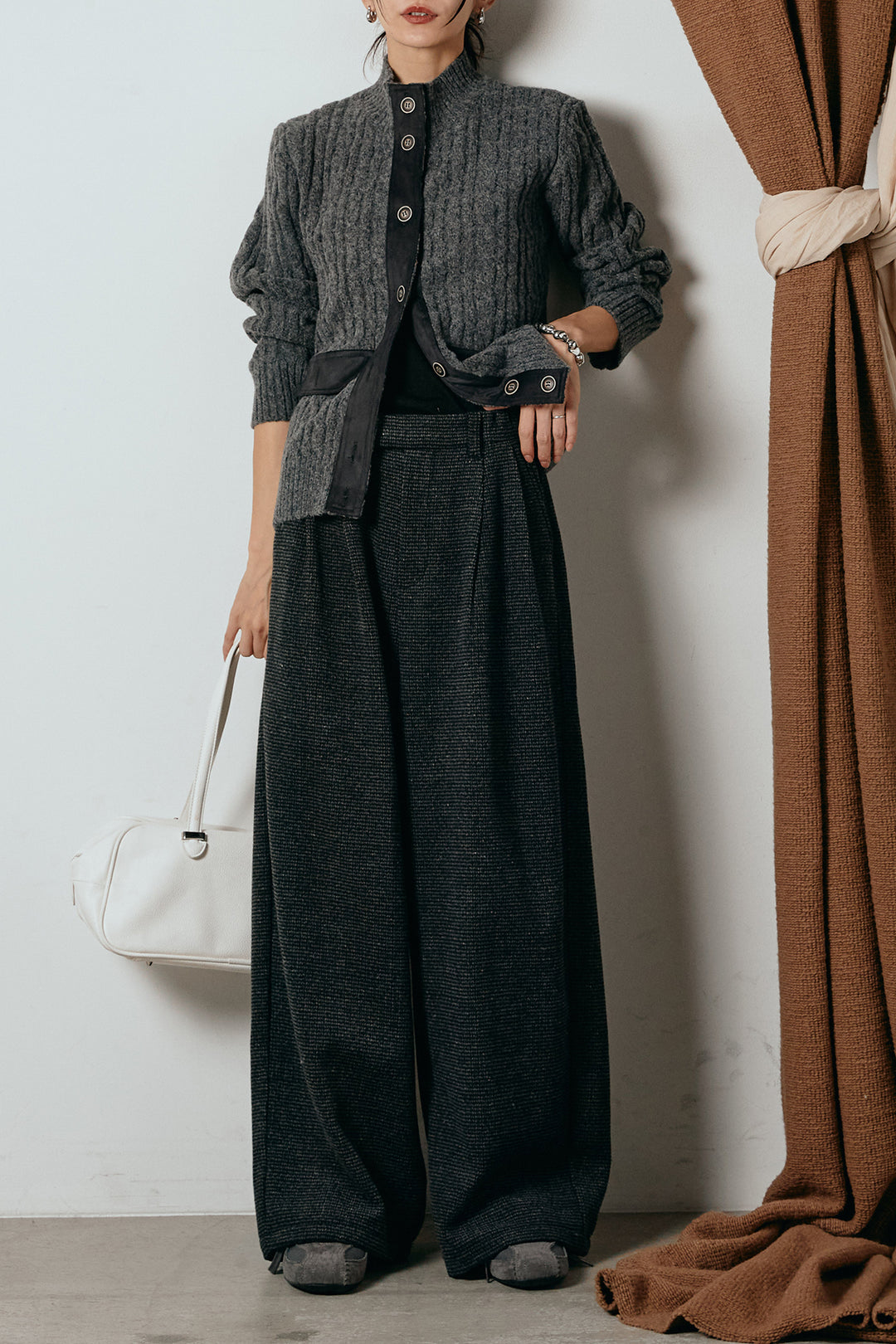 [SET]ボトルネックケーブルニットカーディガン+起毛タック入りツイードワイドパンツ(2set)