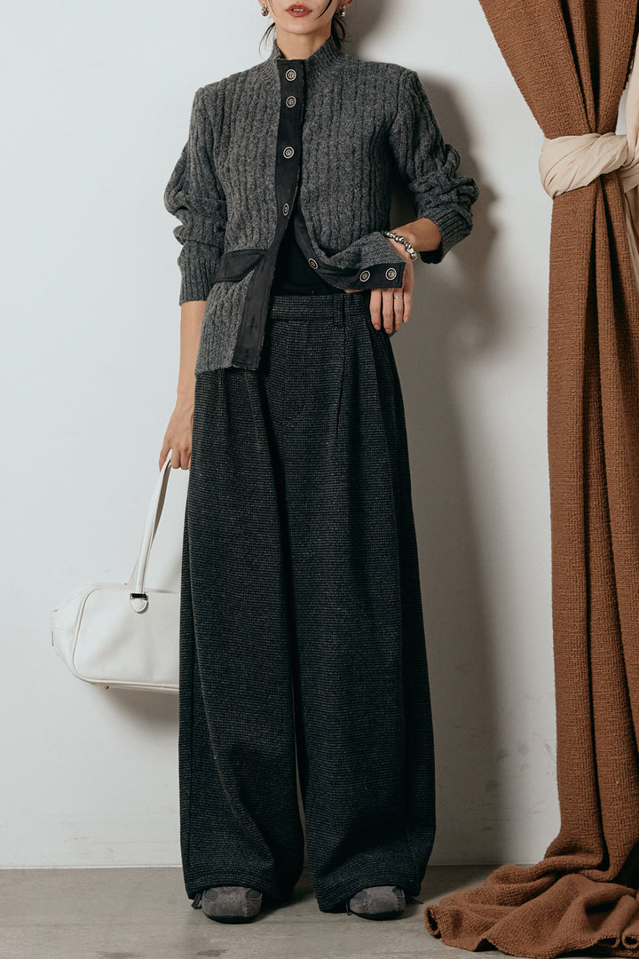 [SET]ボトルネックケーブルニットカーディガン+起毛タック入りツイードワイドパンツ(2set)