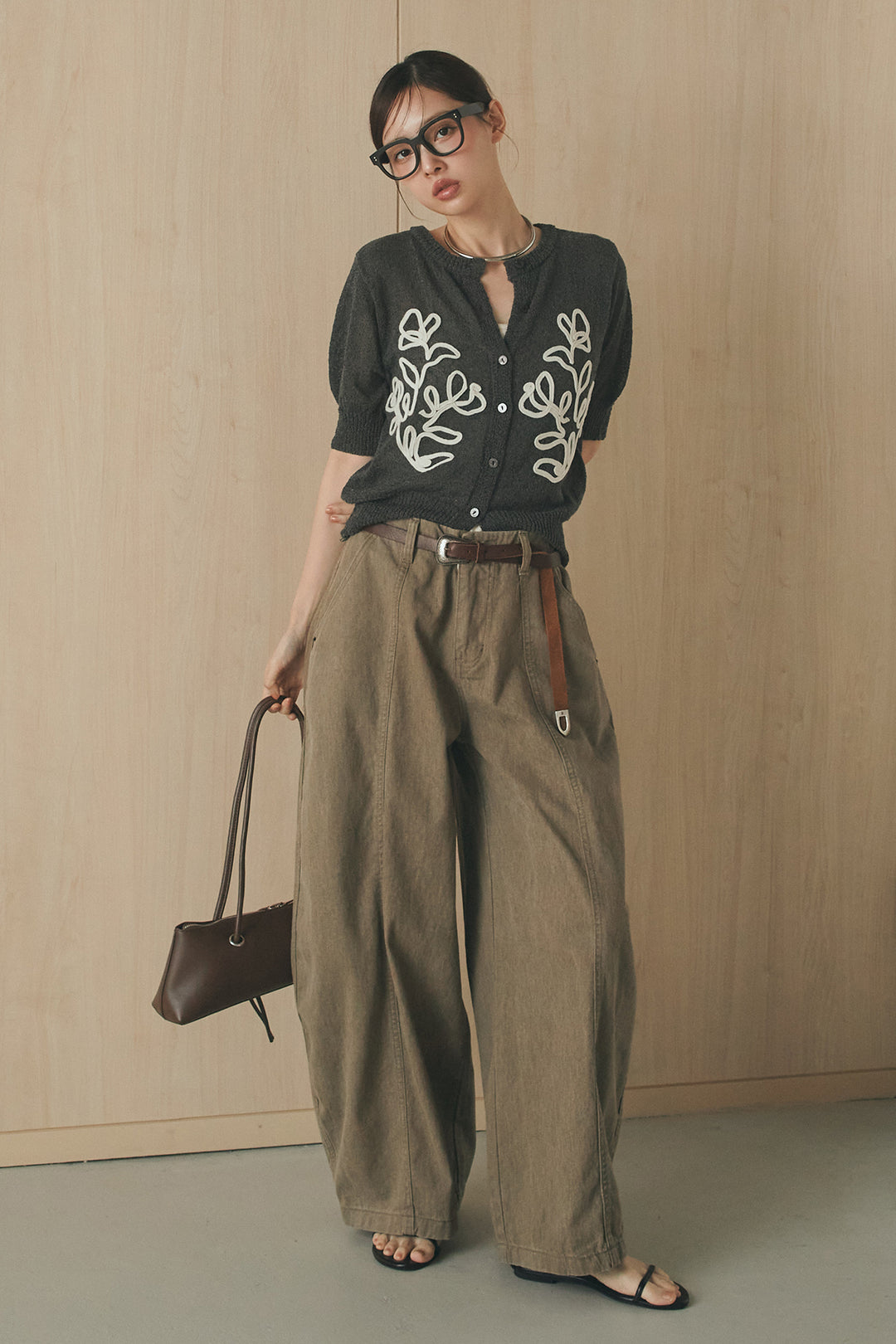 [SET]フロントテープデザイン半袖カーディガン+サイドベルトカーブワイドパンツ(2set)