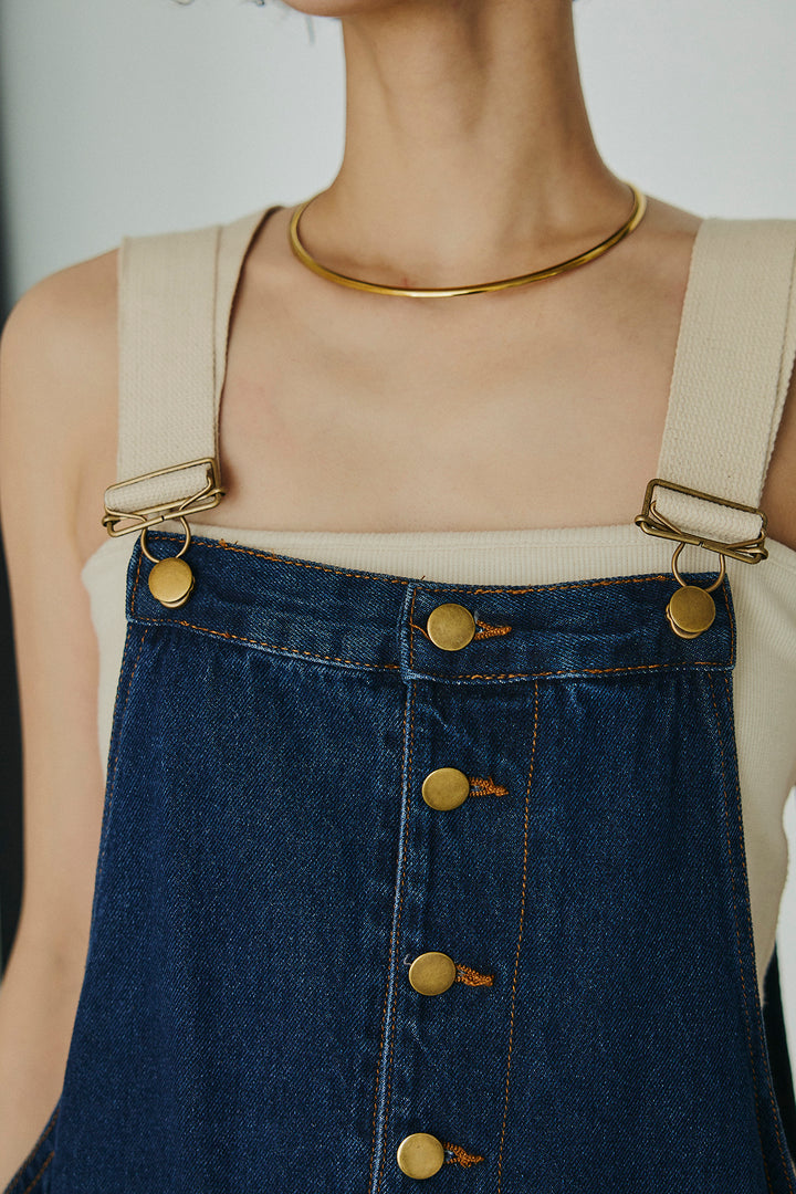 [SET]ケープカラーナイロンブラウス+配色ショルダーデニムサロペットスカート(2set)