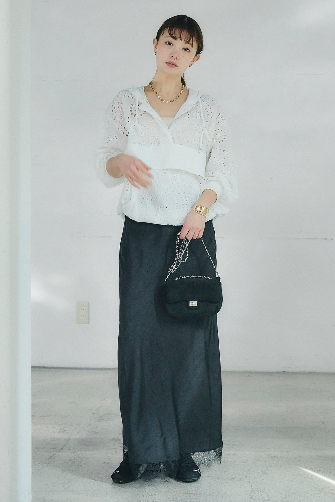 [SET]レースハーフジップアップフーディー+バイアスナローサテンスカート(2set)