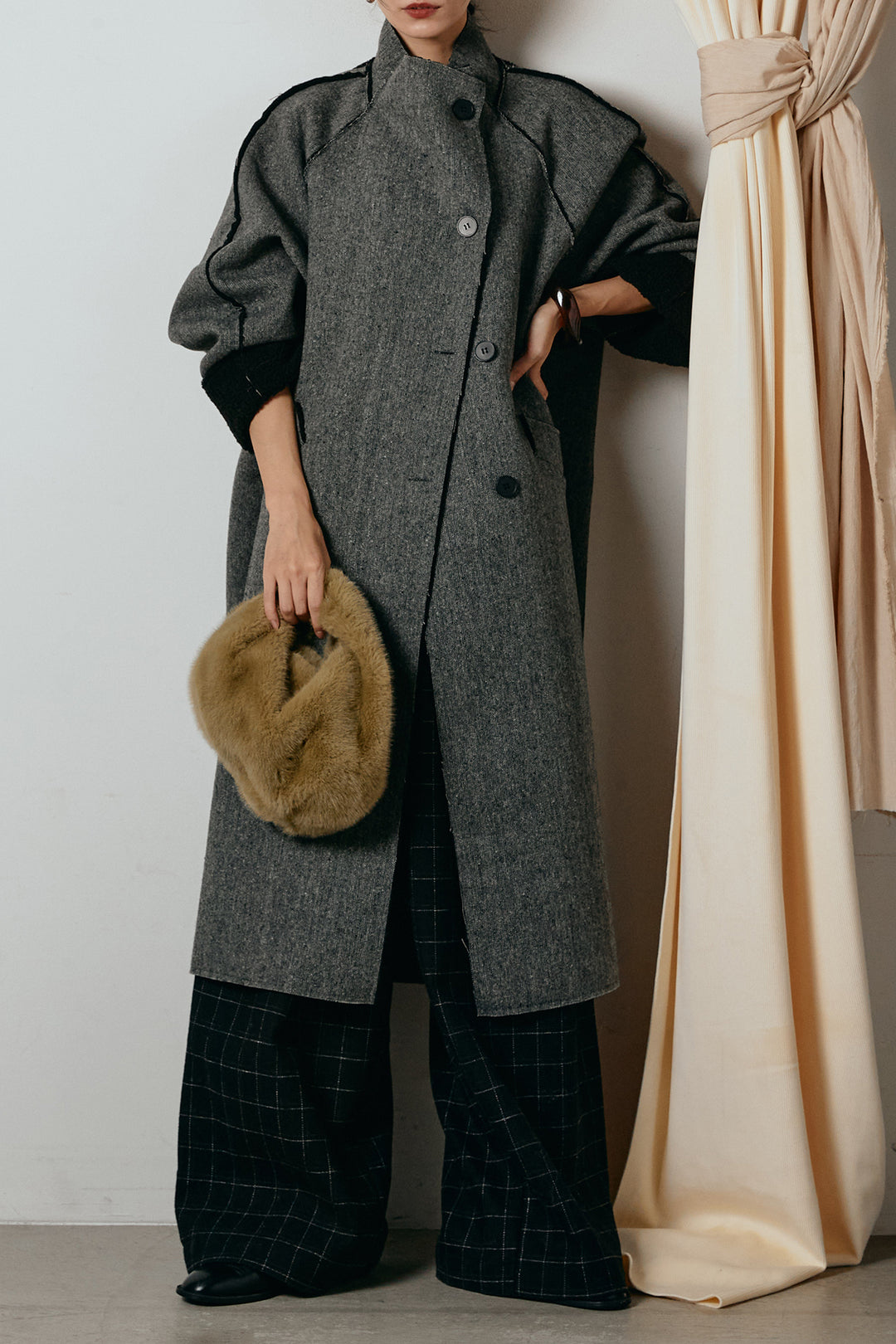 [SET]裏地ボアハイネックロングアウター+ウールライクチェックタックパンツ(2set)