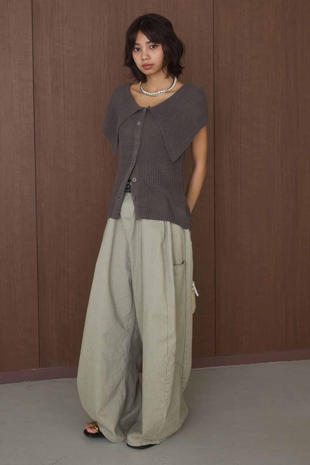 [SET]ビッグカラーボタンニットトップス+ベルト付きカラーデニムパンツ(2set)