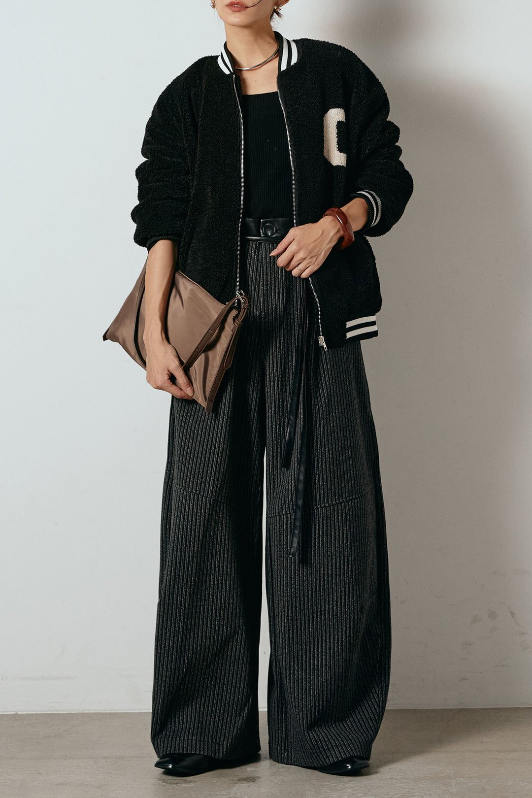 [SET]ロゴスタジャンボアブルゾン+レザーライク配色ストライプパンツ(2set)