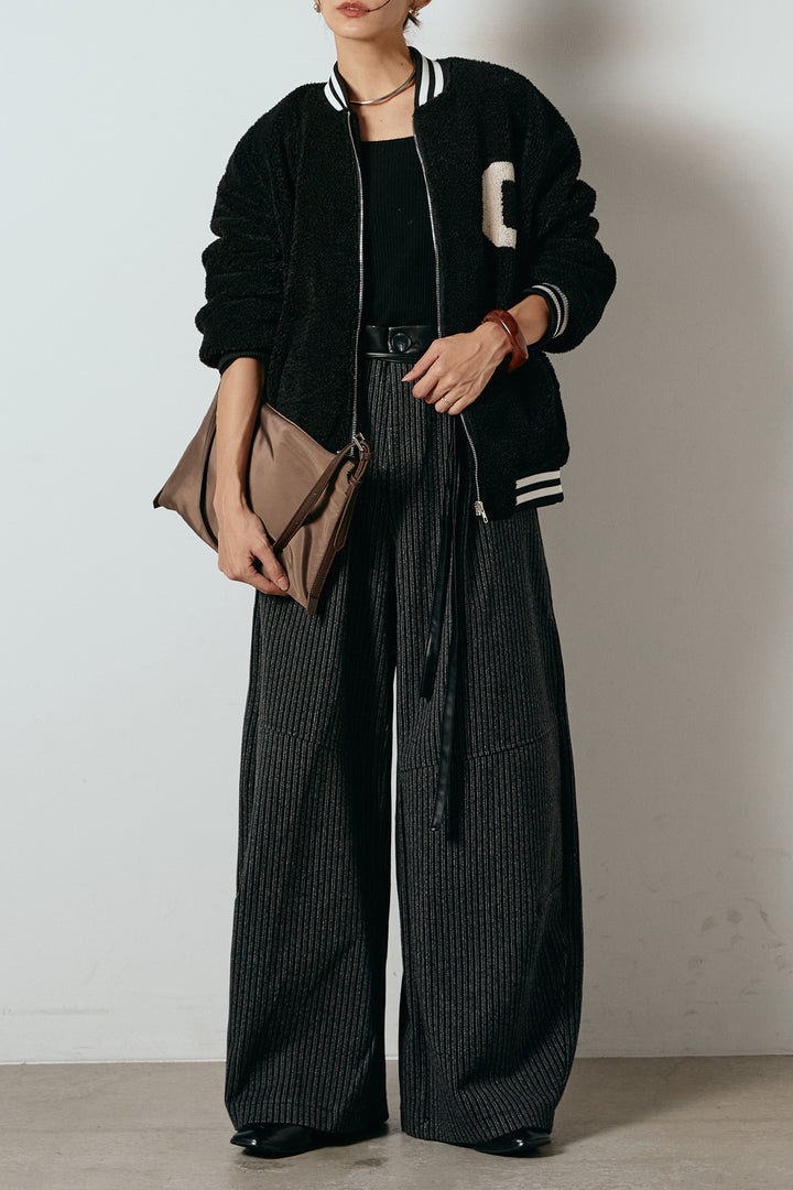 [SET]ロゴスタジャンボアブルゾン+レザーライク配色ストライプパンツ(2set)