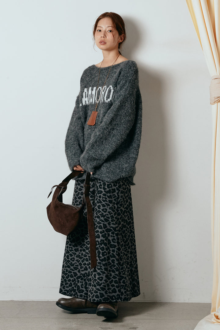 [SET]フロントロゴデザインニットトップス+レオパードロングスカート(2set)