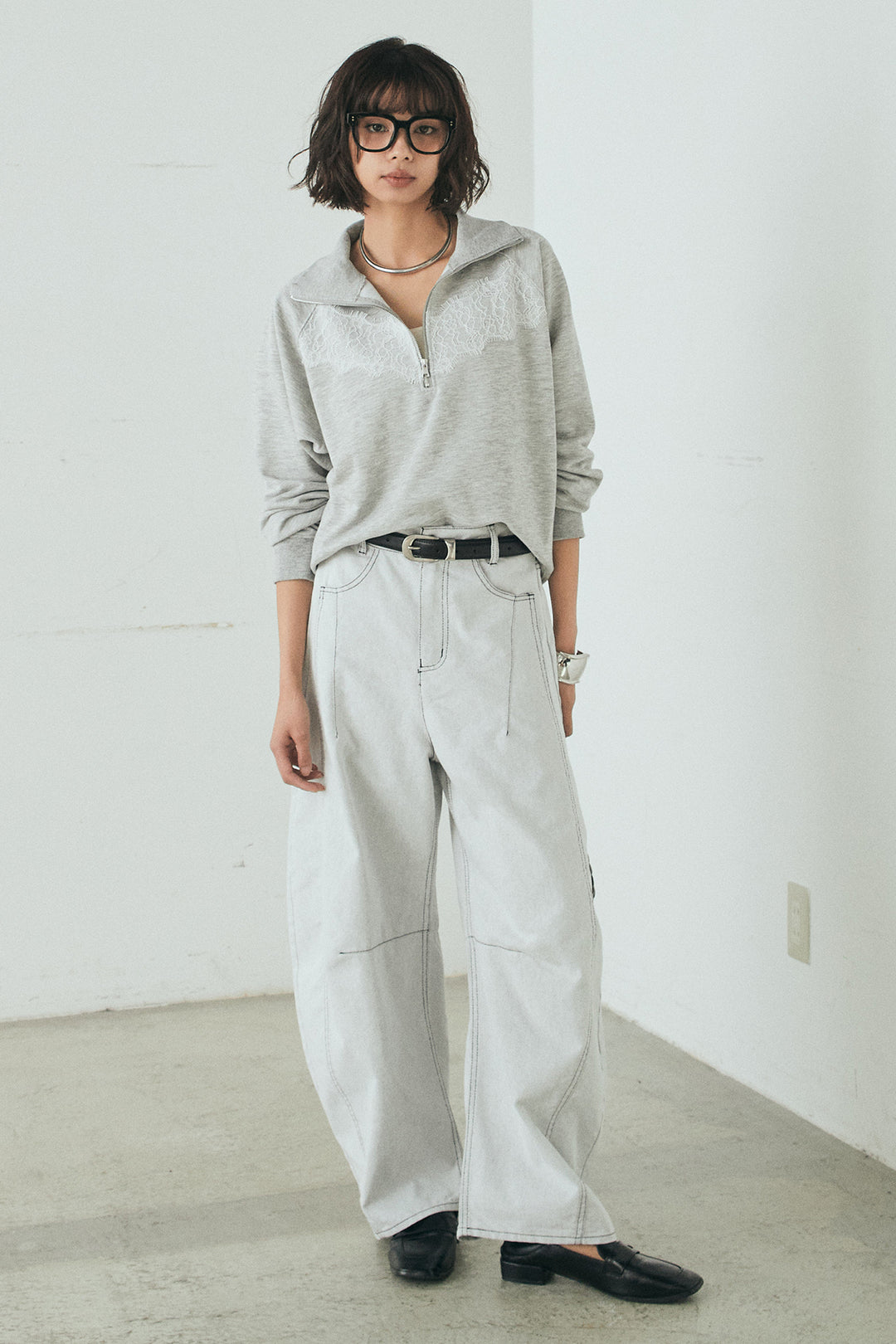 [SET]リバーレースハーフジップ裏毛スウェット+ツイル配色ステッチバレルパンツ(2set)