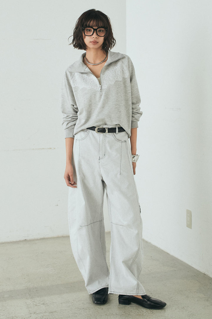 [SET]リバーレースハーフジップ裏毛スウェット+ツイル配色ステッチバレルパンツ(2set)