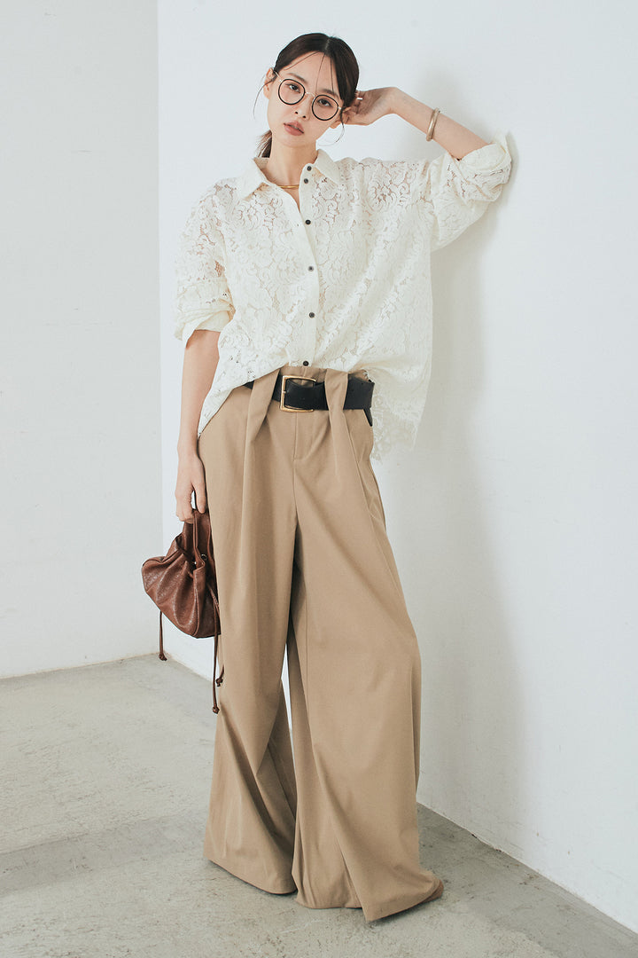 [SET]レース裾スカラップシャツ+ベルトループデザインハイウエストタックパンツ(2set)