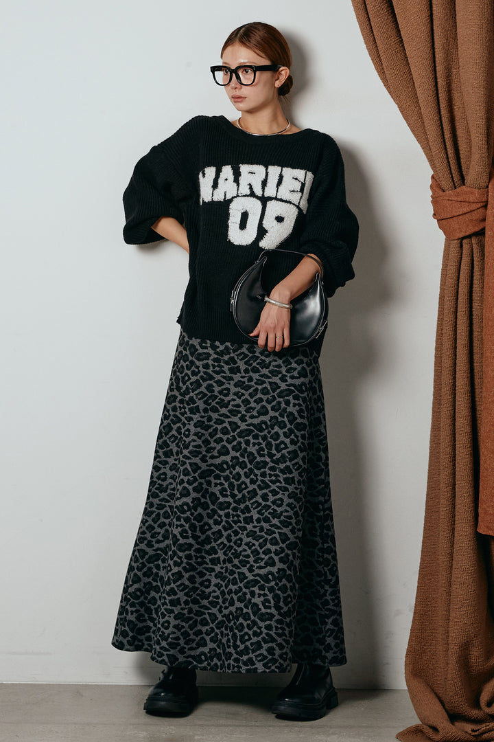 [SET]ロゴジャガードニットトップス+レオパードロングスカート(2set)